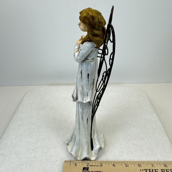 Vintage Rustic White Christmas Angel Figurine With Metal Wings Gold Trumpet 11" - Picture 10 of 10